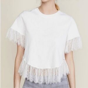 Cinq A Sept White Lace Tulle Trim Crew Neck T-Shirt